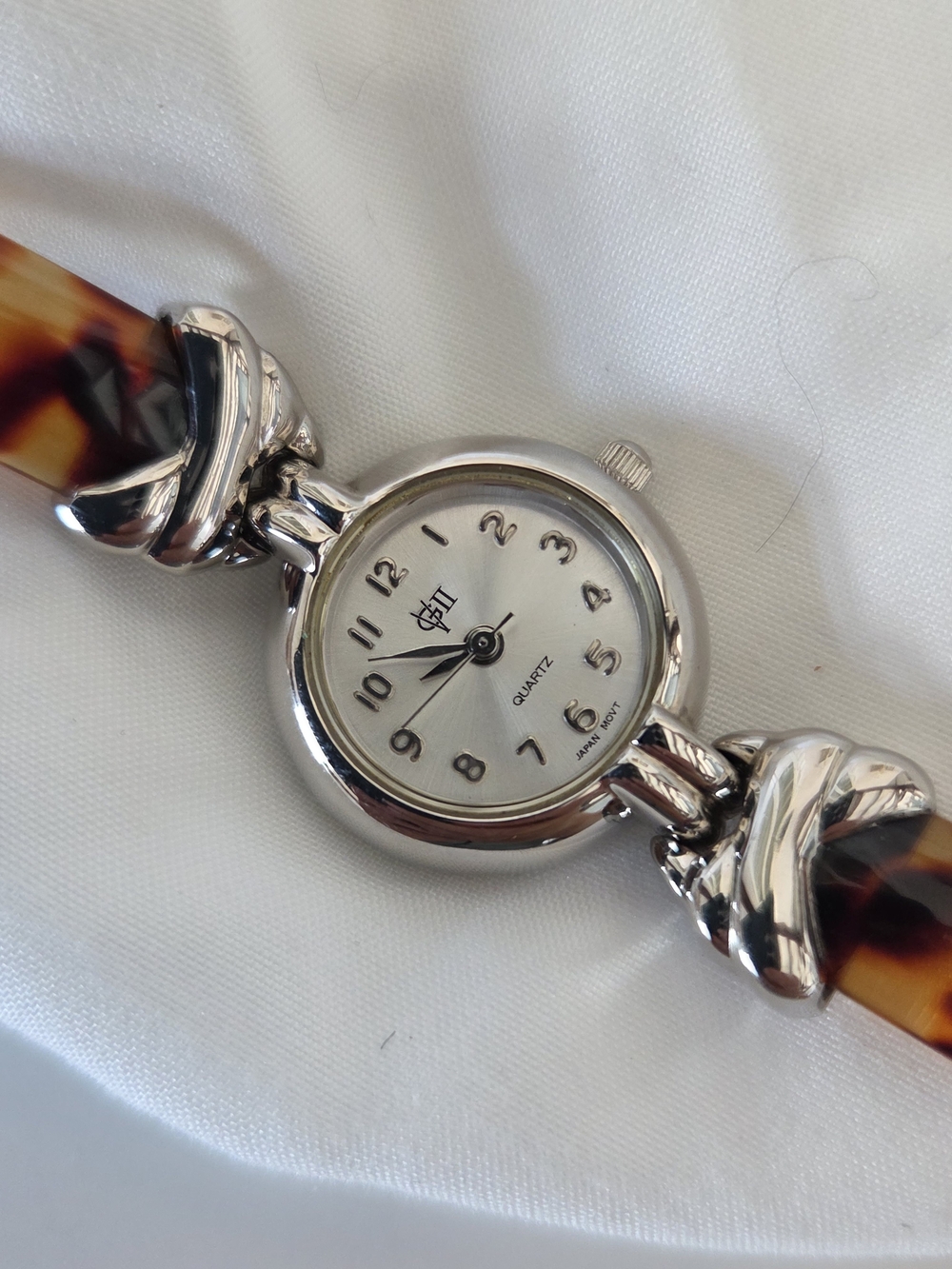 ​GB II Silver Tone Faux Tortoiseshell Acrylic Link Bracelet Watch AS IS